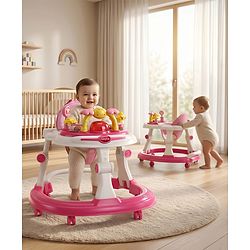 Babyhug 2-in-1 Baby Walker & Push Walker With Musical Play Tray - Pink| Soft Cushion Seat| Compact Fold| Caster Wheels| Adjustable Height| Removable Activity Tray| Toy for 9+ months| Gifting Option