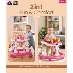 Babyhug 2-in-1 Baby Walker & Push Walker With Musical Play Tray - Pink| Soft Cushion Seat| Compact Fold| Caster Wheels| Adjustable Height| Removable Activity Tray| Toy for 9+ months| Gifting Option