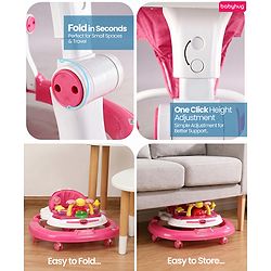 Babyhug 2-in-1 Baby Walker & Push Walker With Musical Play Tray - Pink| Soft Cushion Seat| Compact Fold| Caster Wheels| Adjustable Height| Removable Activity Tray| Toy for 9+ months| Gifting Option