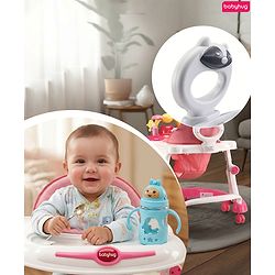 Babyhug 2-in-1 Baby Walker & Push Walker With Musical Play Tray - Pink| Soft Cushion Seat| Compact Fold| Caster Wheels| Adjustable Height| Removable Activity Tray| Toy for 9+ months| Gifting Option