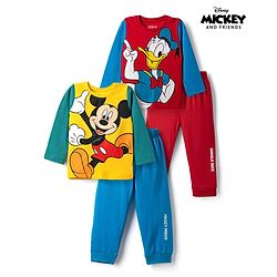 Babyhug Disney Single Jersey Knit Full Sleeves T-Shirt & Pyjama Night Suit With Mickey Mouse & Donald Duck Graphic Pack of 2 - Red / Blue