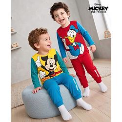 Babyhug Disney Single Jersey Knit Full Sleeves T-Shirt & Pyjama Night Suit With Mickey Mouse & Donald Duck Graphic Pack of 2 - Red / Blue