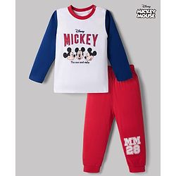 Babyhug Disney 100% Cotton Knit Full Sleeves T-Shirt & Pyjama Night Suit - Blue & Red