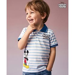 Babyhug Disney Single Jersey Knit Half Sleeves Striped Polo T-Shirt With Mickey Mouse Graphic - Blue