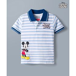 Babyhug Disney Single Jersey Knit Half Sleeves Striped Polo T-Shirt With Mickey Mouse Graphic - Blue