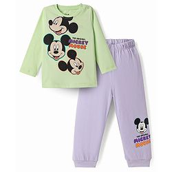 Babyhug Disney Single Jersey Knit Full Sleeves T-Shirt Payjama Nightsuit with Micky Mouse Graphics  - Limegreen & Lavender