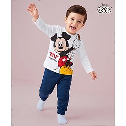 Babyhug Disney Single Jersey Knit Full Sleeves T-Shirt & Pyjama Night Suit With Mickey Mouse Graphic - White / Navy Blue