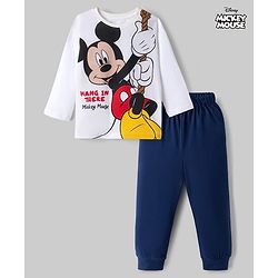 Babyhug Disney Single Jersey Knit Full Sleeves T-Shirt & Pyjama Night Suit With Mickey Mouse Graphic - White / Navy Blue