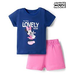 Babyhug Disney 100% Cotton Knit Half Sleeves T-Shirt & Shorts Night Suit With Minnie Mouse Graphic - Navy Blue & Pink