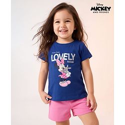 Babyhug Disney 100% Cotton Knit Half Sleeves T-Shirt & Shorts Night Suit With Minnie Mouse Graphic - Navy Blue & Pink