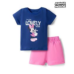 Babyhug Disney 100% Cotton Knit Half Sleeves T-Shirt & Shorts Night Suit With Minnie Mouse Graphic - Navy Blue & Pink