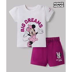 Babyhug Disney 100% Cotton Knit Half Sleeves T-shirt & Shorts Night Suit With Minnie Mouse Graphics - Dark Pink