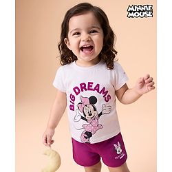Babyhug Disney 100% Cotton Knit Half Sleeves T-shirt & Shorts Night Suit With Minnie Mouse Graphics - Dark Pink