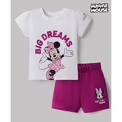 Babyhug Disney 100% Cotton Knit Half Sleeves T-shirt & Shorts Night Suit With Minnie Mouse Graphics - Dark Pink
