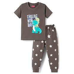 Babyhug Cotton Knit Half Sleeves T-Shirt & Pyjama Night Suit with Dino Print - Charcoal Grey