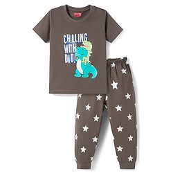 Babyhug Cotton Knit Half Sleeves T-Shirt & Pyjama Night Suit with Dino Print - Charcoal Grey