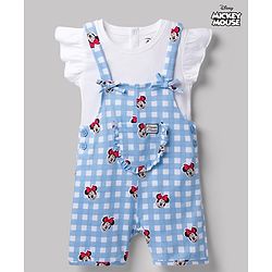 Babyhug Disney Half Sleeves Frill Detailing Dungaree Set With Minnie Mouse Graphic  - Light Blue