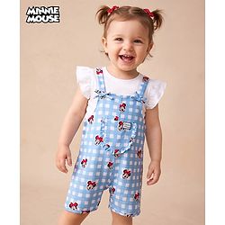 Babyhug Disney Half Sleeves Frill Detailing Dungaree Set With Minnie Mouse Graphic  - Light Blue