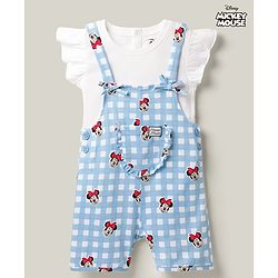 Babyhug Disney Half Sleeves Frill Detailing Dungaree Set With Minnie Mouse Graphic  - Light Blue