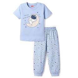 Babyhug Cotton Knit Half Sleeves T-Shirt & Pyjama Night Suit with Astronaut Print - Blue