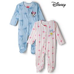 Babyhug Disney Interlock Knit Full Sleeves Footed Sleepsuits with Minnie Mouse & Donald Duck Graphic Pack of 2 - Light Blue