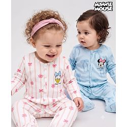 Babyhug Disney Interlock Knit Full Sleeves Footed Sleepsuits with Minnie Mouse & Donald Duck Graphic Pack of 2 - Light Blue