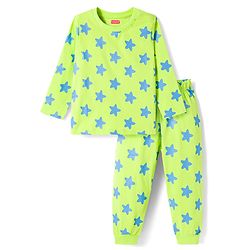 Babyhug Cotton Knit Full Sleeves T-Shirt & Pyjama Co-ord Night Suit with Star Print - Lime Green