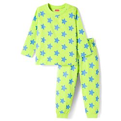 Babyhug Cotton Knit Full Sleeves T-Shirt & Pyjama Co-ord Night Suit with Star Print - Lime Green