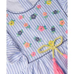 Babyhug Woven Half Frill Sleeves Floral Embroidered & Striped Frock - Light Blue
