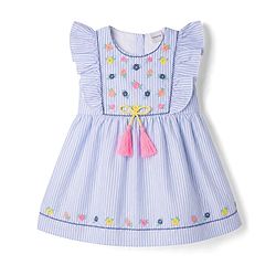 Babyhug Woven Half Frill Sleeves Floral Embroidered & Striped Frock - Light Blue
