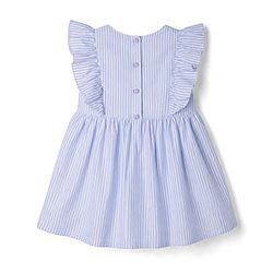 Babyhug Woven Half Frill Sleeves Floral Embroidered & Striped Frock - Light Blue