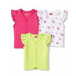 Babyhug 100% Cotton Interlock Woven Sleeveless Jhablas with Hearts & Floral Print Pack Of 3 - Pink White & Green
