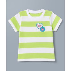 Babyhug 100% Cotton Striped T-Shirt with Half Sleeves and Happy Days Embroidery in Lime Green