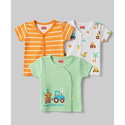 Babyhug 100% Cotton Interlock Knit Half Sleeves Front Open Striped & Car Printed Jhablas Pack of 3 - Orange White & Green