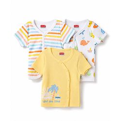 Babyhug 100% Cotton Interlock Knit Half Sleeves Striped Jhablas with Tropical Print Pack Of 3 - White & Yellow