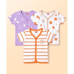 Babyhug 100% Cotton Interlock Knit Half Sleeves Front Open Striped Jhablas with Star Print Pack of 3 -White & Purple