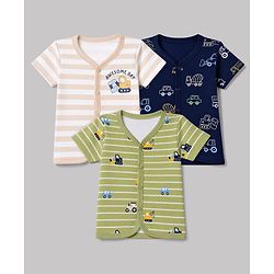 Babyhug 100% Cotton Interlock Knit Half Sleeves Front Open Striped Jhablas With Vehicle Print Pack of 3 - Light Green, Navy Blue & White