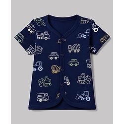 Babyhug 100% Cotton Interlock Knit Half Sleeves Front Open Striped Jhablas With Vehicle Print Pack of 3 - Light Green, Navy Blue & White