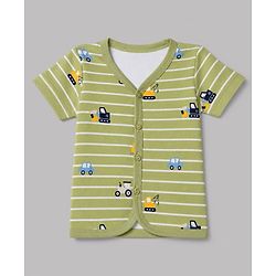 Babyhug 100% Cotton Interlock Knit Half Sleeves Front Open Striped Jhablas With Vehicle Print Pack of 3 - Light Green, Navy Blue & White