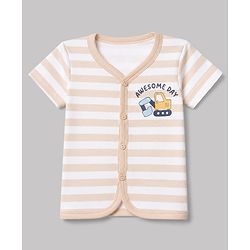 Babyhug 100% Cotton Interlock Knit Half Sleeves Front Open Striped Jhablas With Vehicle Print Pack of 3 - Light Green, Navy Blue & White