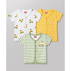 Babyhug 100% Cotton Interlock Knit Half Sleeves Striped Jhablas with Vehicle & Star Print Pack Of 3 - White Green & Yellow