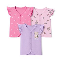 Babyhug 100% Cotton Interlock Knit Half Sleeves Front Open Jhablas With Teddy Bear & Bow Print Pack of 3 - Pink, Dark Pink & Purple