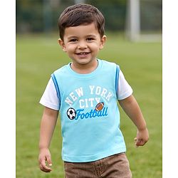 Babyhug 100% Cotton Knit Half Sleeves Text Printed & Sports Theme Embroidered T-Shirt - Light Blue