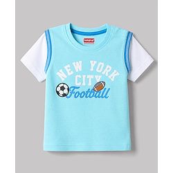 Babyhug 100% Cotton Knit Half Sleeves Text Printed & Sports Theme Embroidered T-Shirt - Light Blue