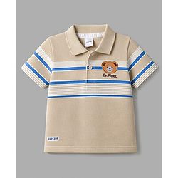 Babyhug 100% Cotton Knit Half Sleeves Polo Striped Polo T-Shirt With Teddy Bear Applique - Beige
