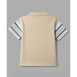 Babyhug 100% Cotton Knit Half Sleeves Polo Striped Polo T-Shirt With Teddy Bear Applique - Beige