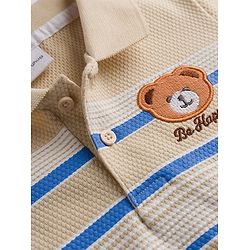 Babyhug 100% Cotton Knit Half Sleeves Polo Striped Polo T-Shirt With Teddy Bear Applique - Beige