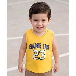 Babyhug 100% Cotton Knit Sleeveless Tank T-Shirt with Text Graphics - Yellow