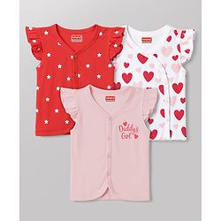 Babyhug 100% Cotton Interlock Woven Sleeveless Jhablas with Hearts & Star Print Pack Of 3 - Pink White & Red