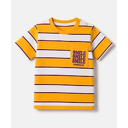 Babyhug 100% Cotton Knit Half Sleeves Striped T-Shirt with Smile Everyday Print - Mustard